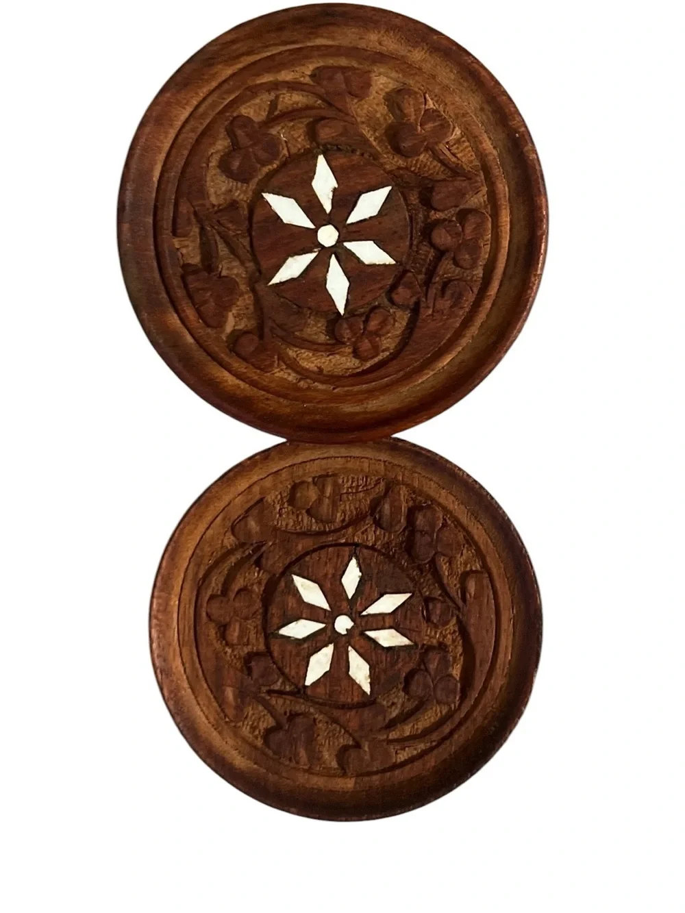 *NFS*Vintage Hand Carved Wood Coasters With Shell Inlay - Set of 6